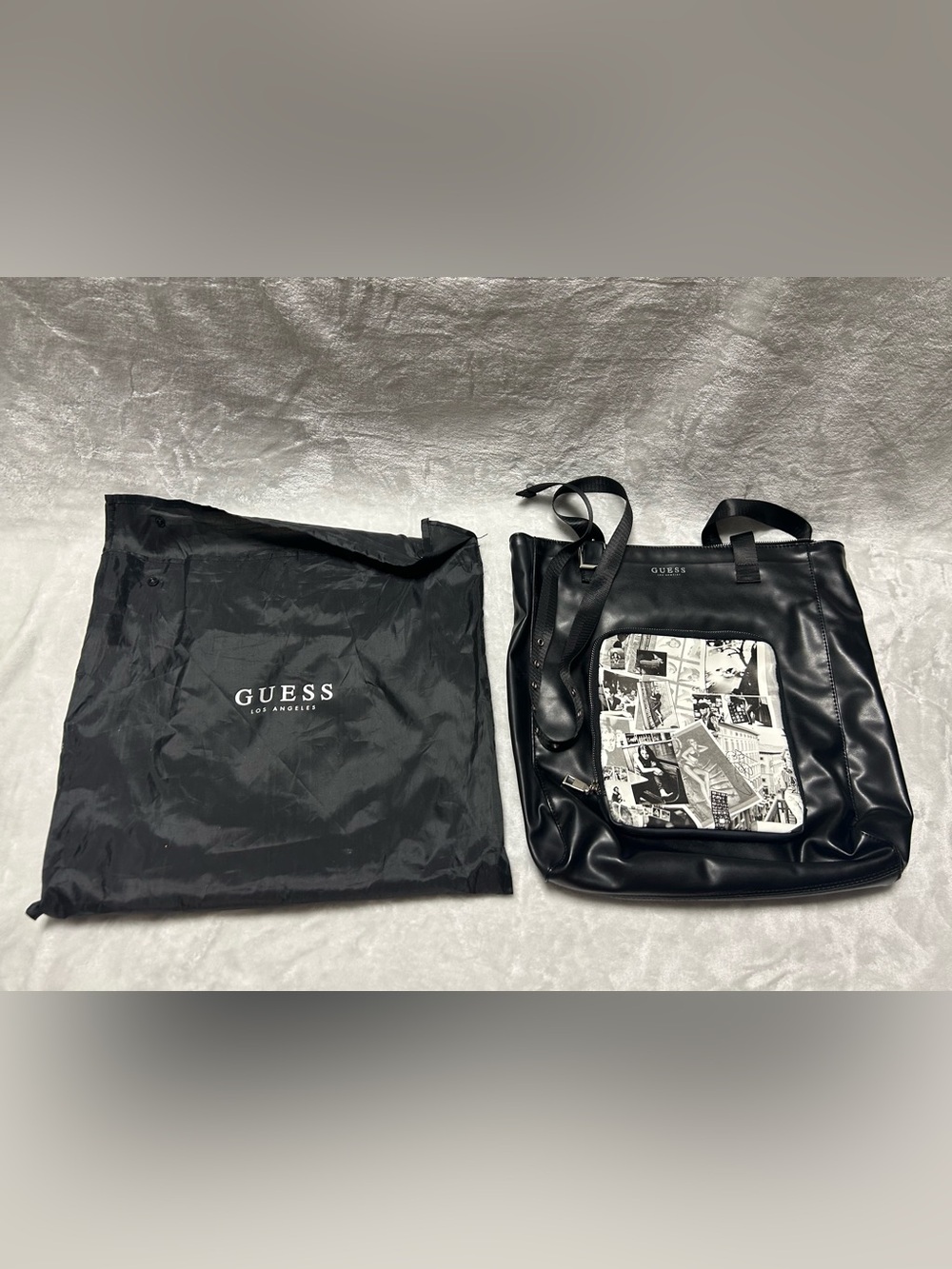 Women's Guess black gray graphic Tote shoulder Bag Handbag purse Removable Pouch